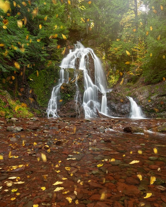 Cascada con hojas cayendo en otoño