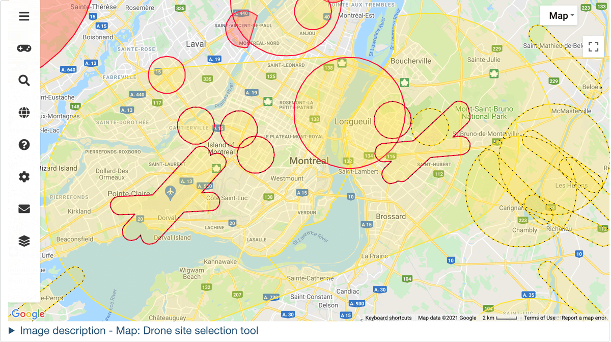 Zonas de vuelo de micro dron (<250 gr) permitidas en Montréal, Canadá